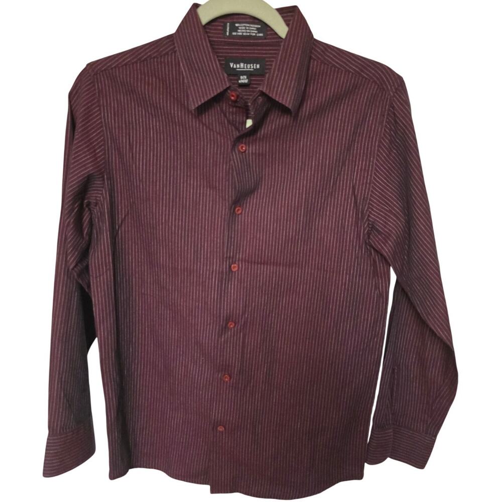 Van Heusen Men's Large 14/16 Burgundy Pinstripe Long Sleeve Dress Shirt Cotton